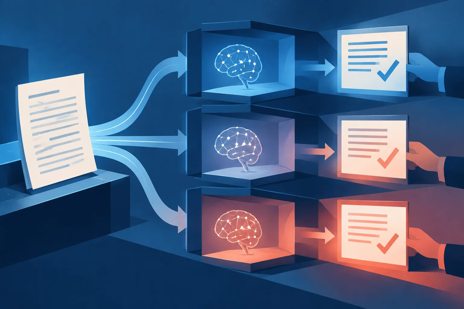 An official report passes through several abstract AI interpretation chambers.