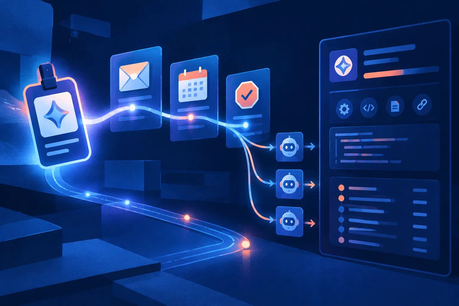 A distinct AI identity travels through workplace communication and approval paths while leaving an audit trail.