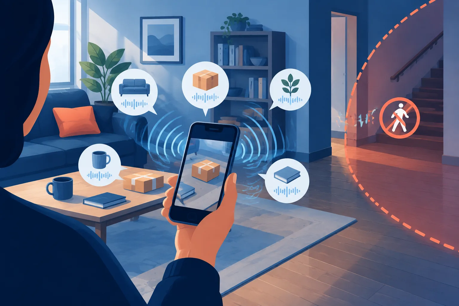 Editorial illustration of a phone providing spoken descriptions of nearby objects.