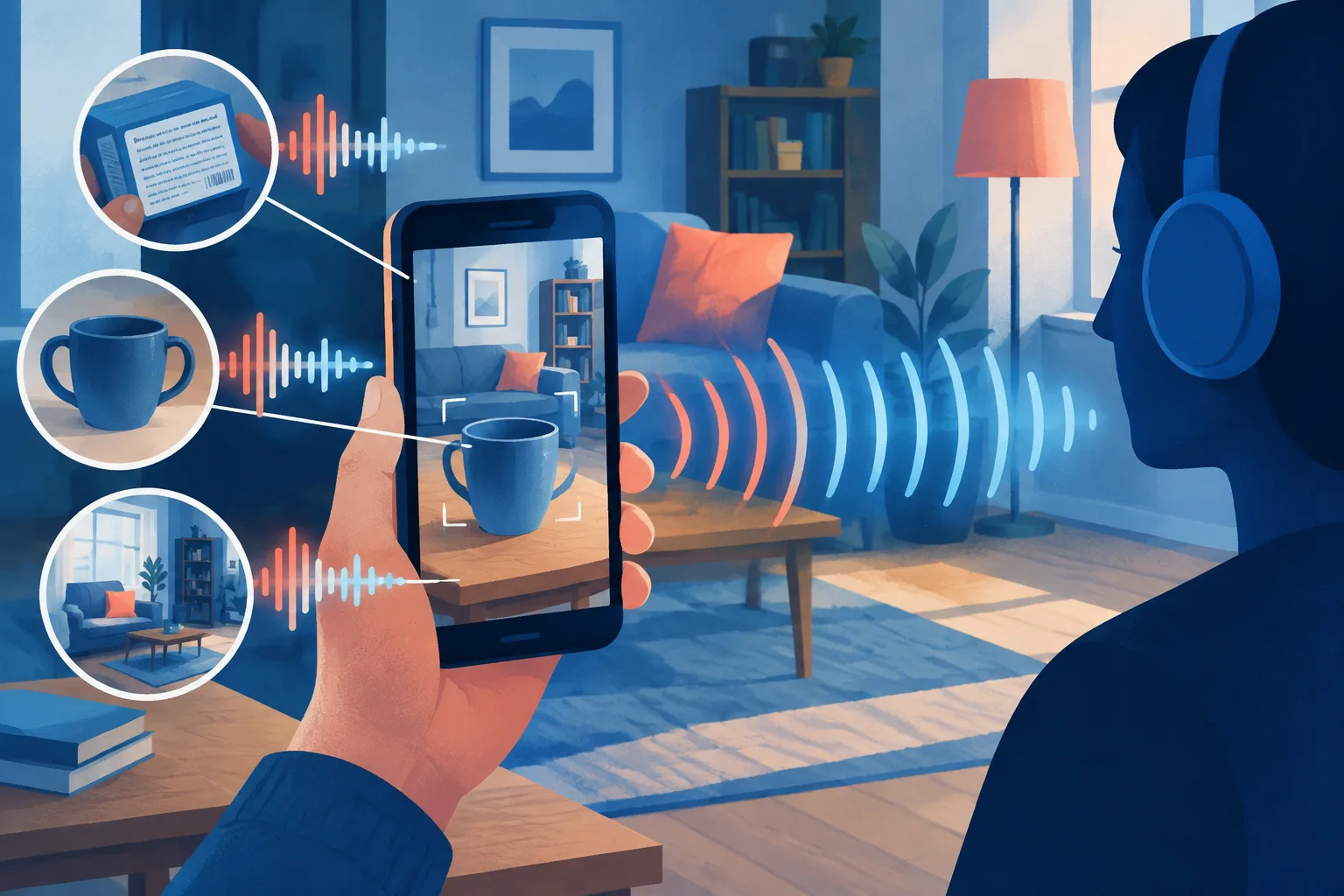 Illustration of a phone reading small details and identifying objects aloud.