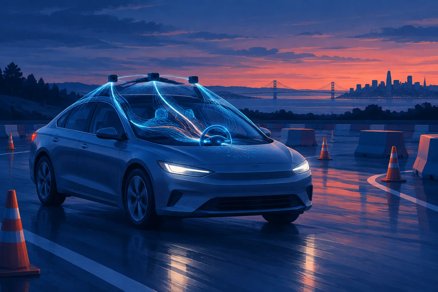 A generic sedan follows a test route under an abstract web of AI guidance signals.