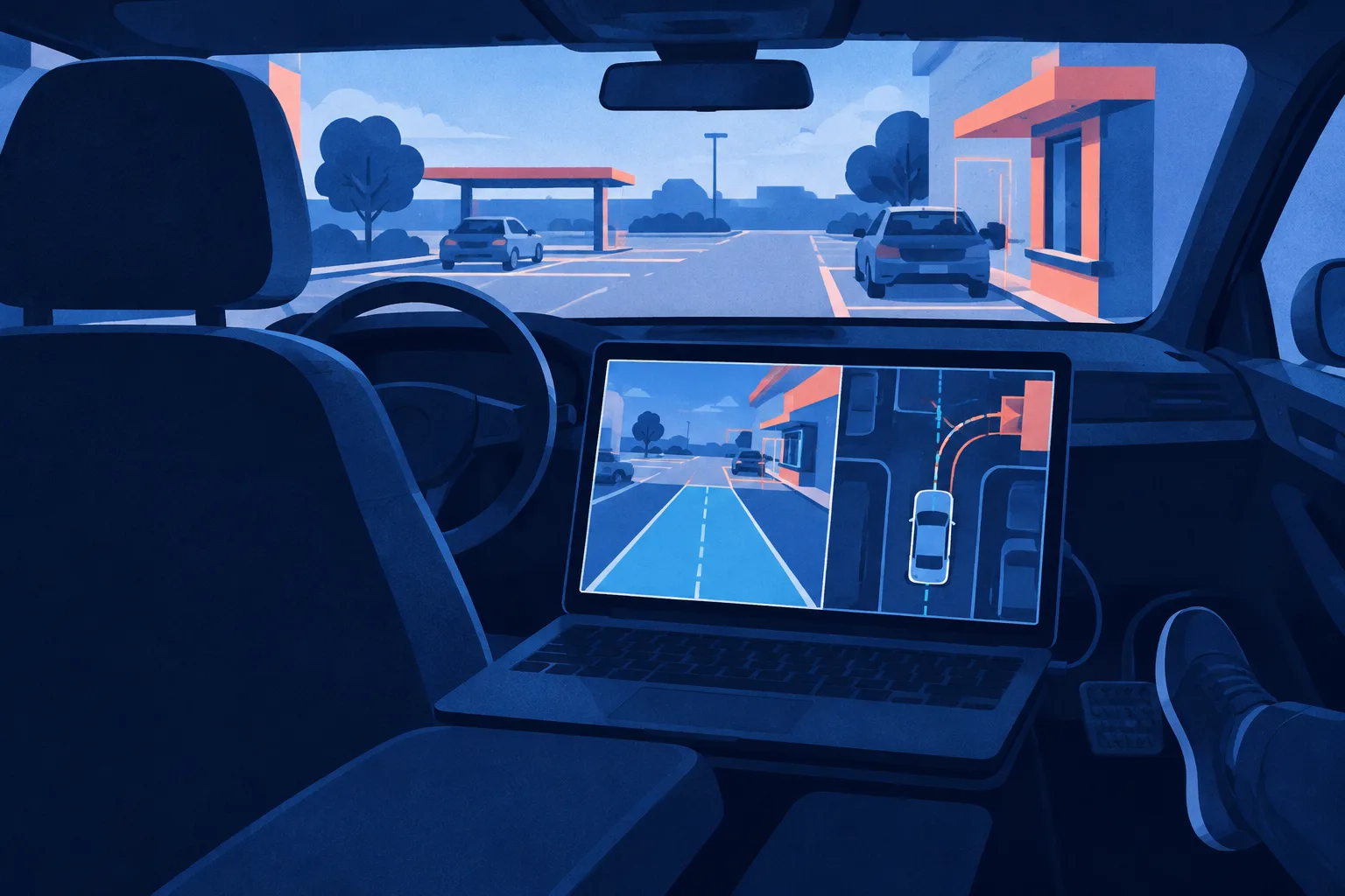 Abstract camera frames and steering vectors guide a car through a controlled parking course.