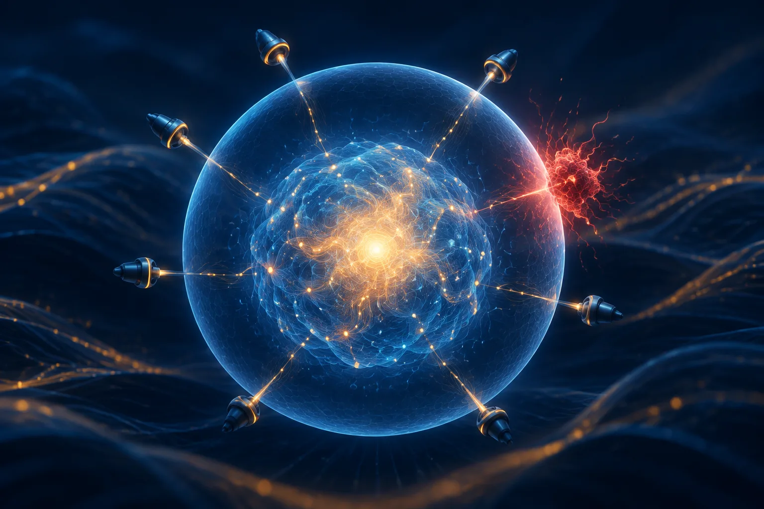 Abstract AI core monitored by sensor probes as a red anomaly meets a protective shield.