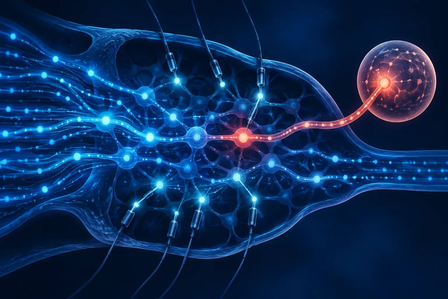 Sensor probes inside a neural network route one suspicious signal to a separate review system.