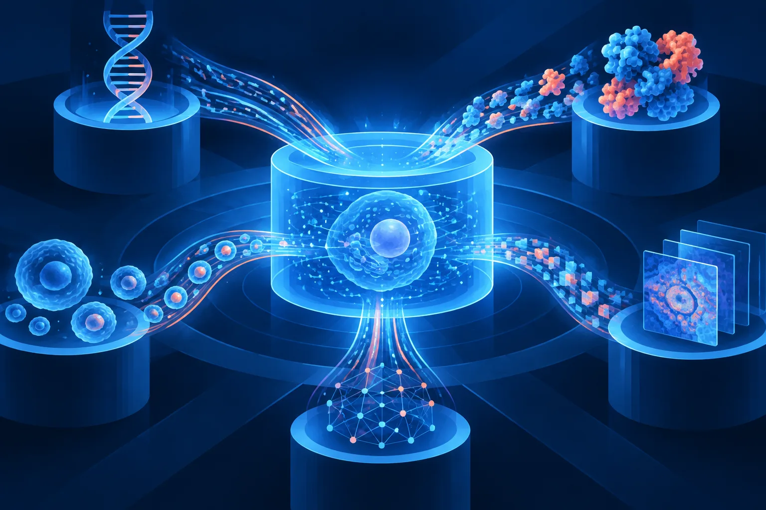 Research institutions contribute data and resources to a shared biological reservoir.