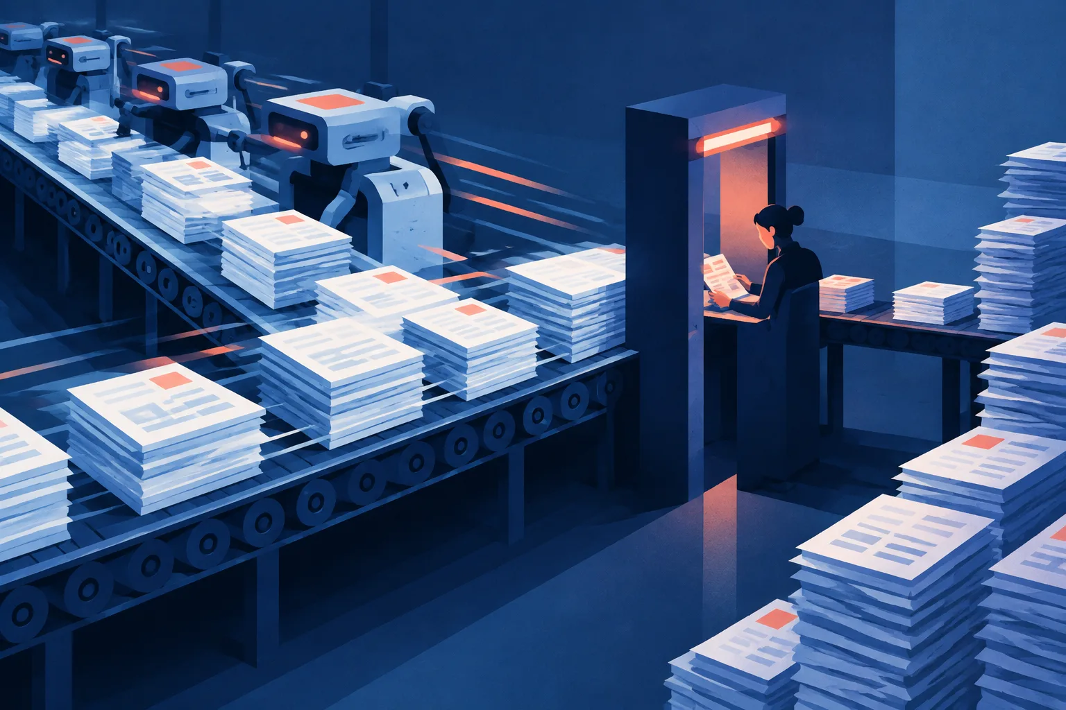 A rapid automated conveyor feeds reports into a narrow human inspection checkpoint.