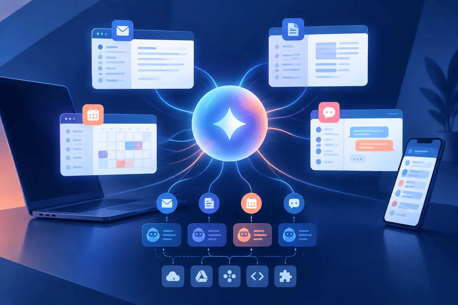 A central AI orb connects workplace tools across a laptop and phone.
