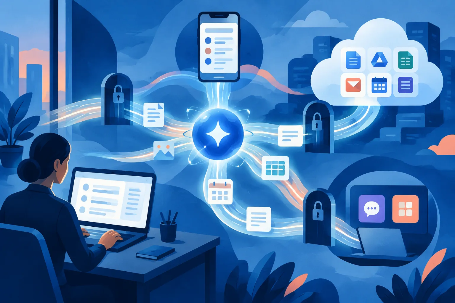 A glowing thread carries work context between desktop, phone and cloud.