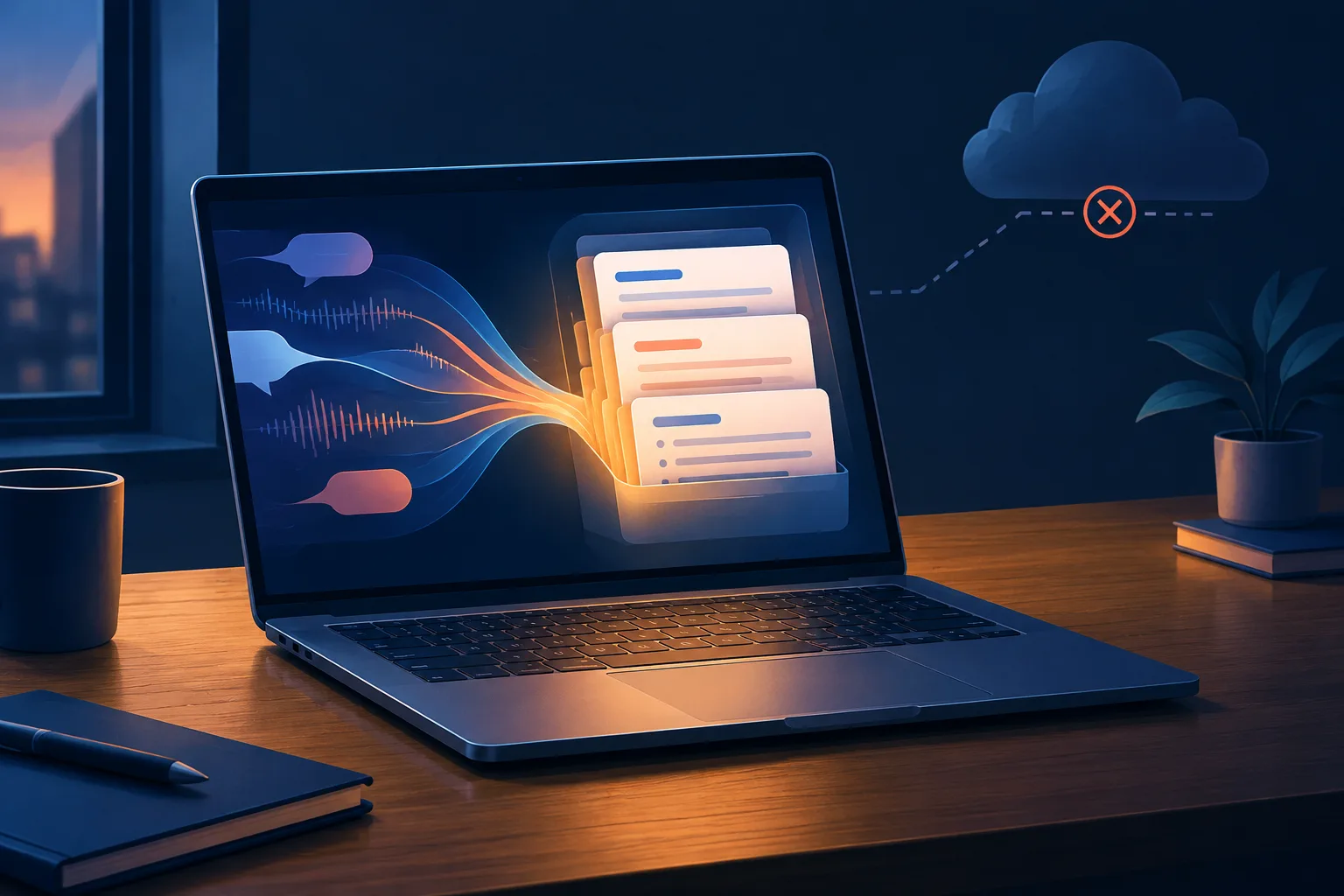 Illustration of meeting speech becoming organized notes inside an offline laptop.