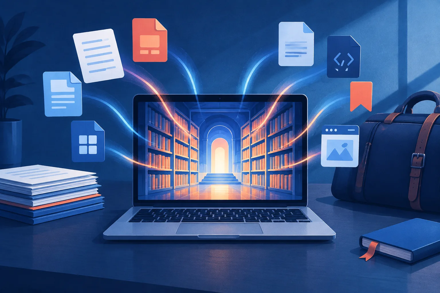 Documents and meeting notes forming a searchable offline knowledge library on a laptop.