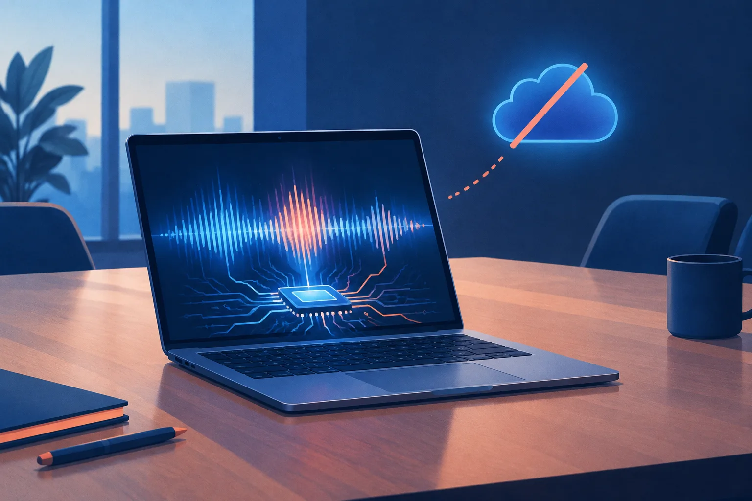 A laptop processes meeting audio internally while a closed cloud symbol remains outside.