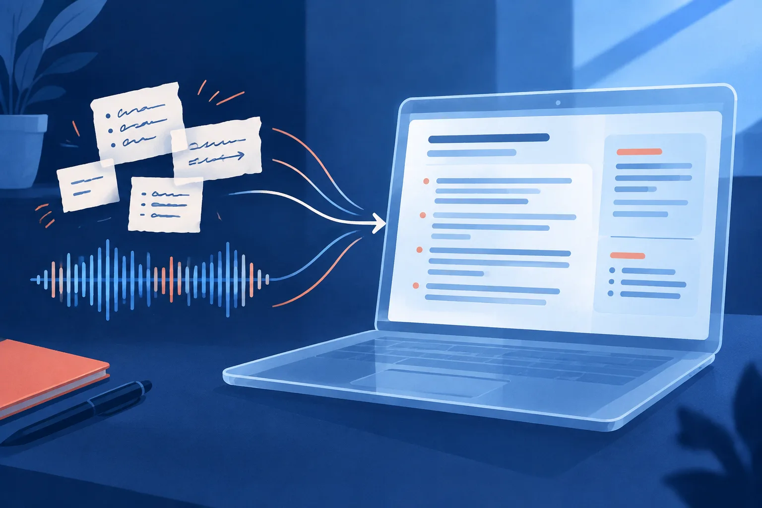 Shorthand notes and an audio waveform become organized text inside a laptop.