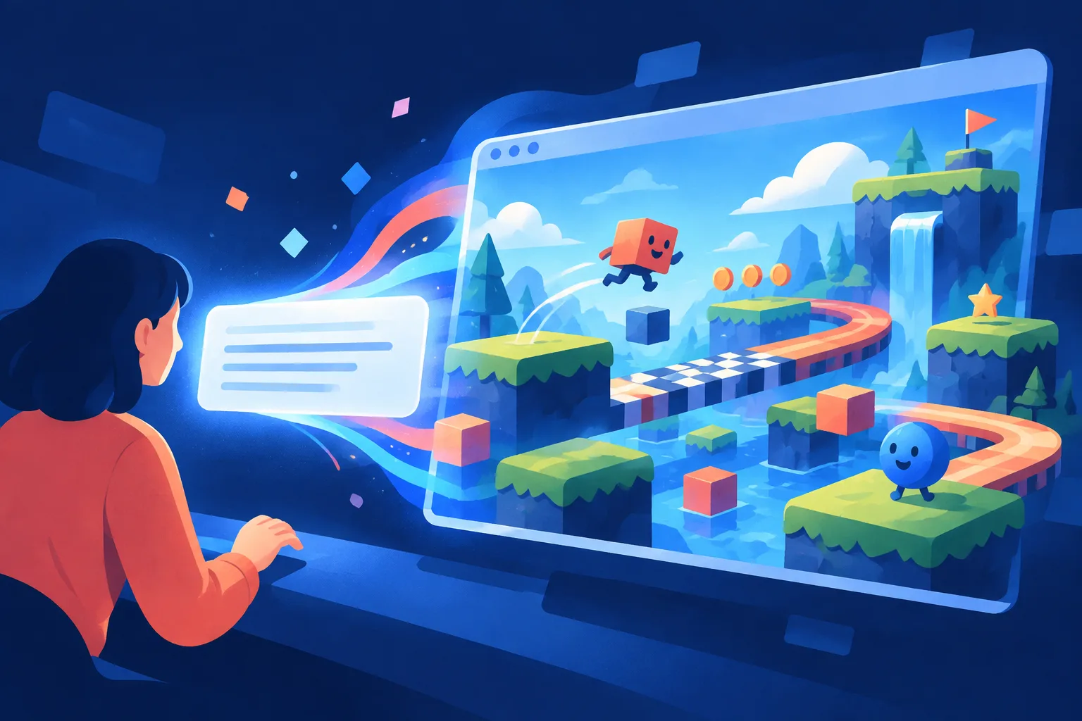 A text prompt transforms into a colorful miniature game world inside a browser-like frame.