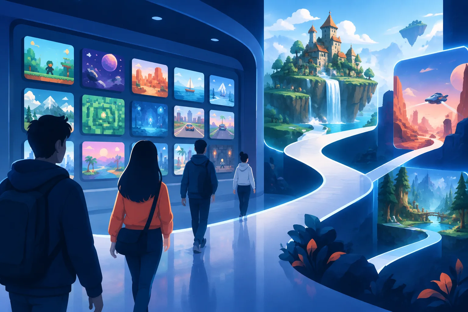 Anonymous players explore a gallery of shared games leading toward richer 3D worlds.