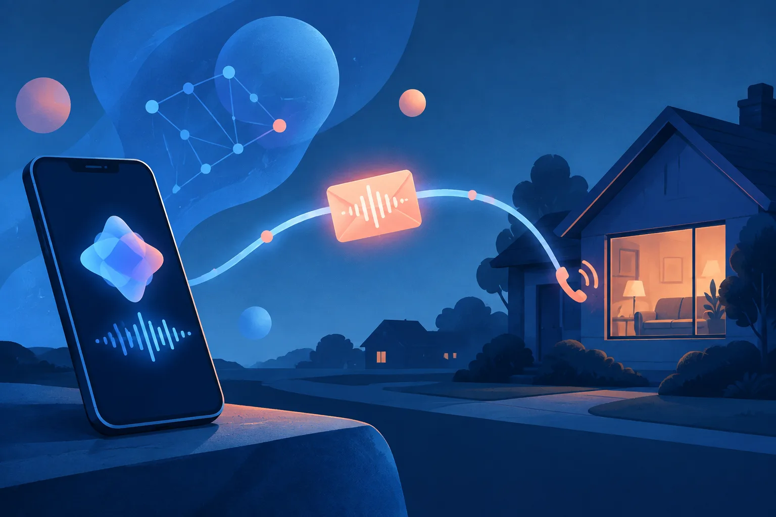 A phone sends an AI-delivered voice message along a telephone line toward a home.