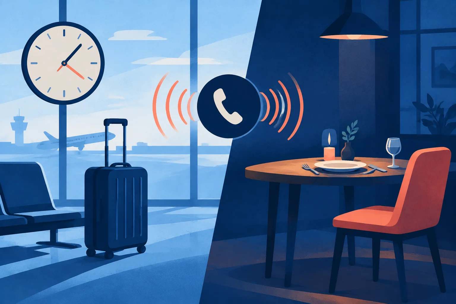 Abstract phone waves connect a late-arrival update and a dinner attendance question.