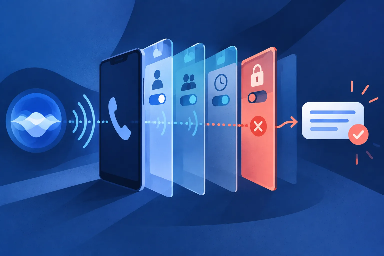 Abstract permission gates control whether an AI signal can reach a phone handset.