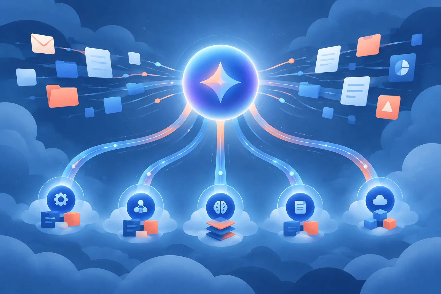 Abstract central AI coordinator routing workplace tasks to several specialized worker nodes.