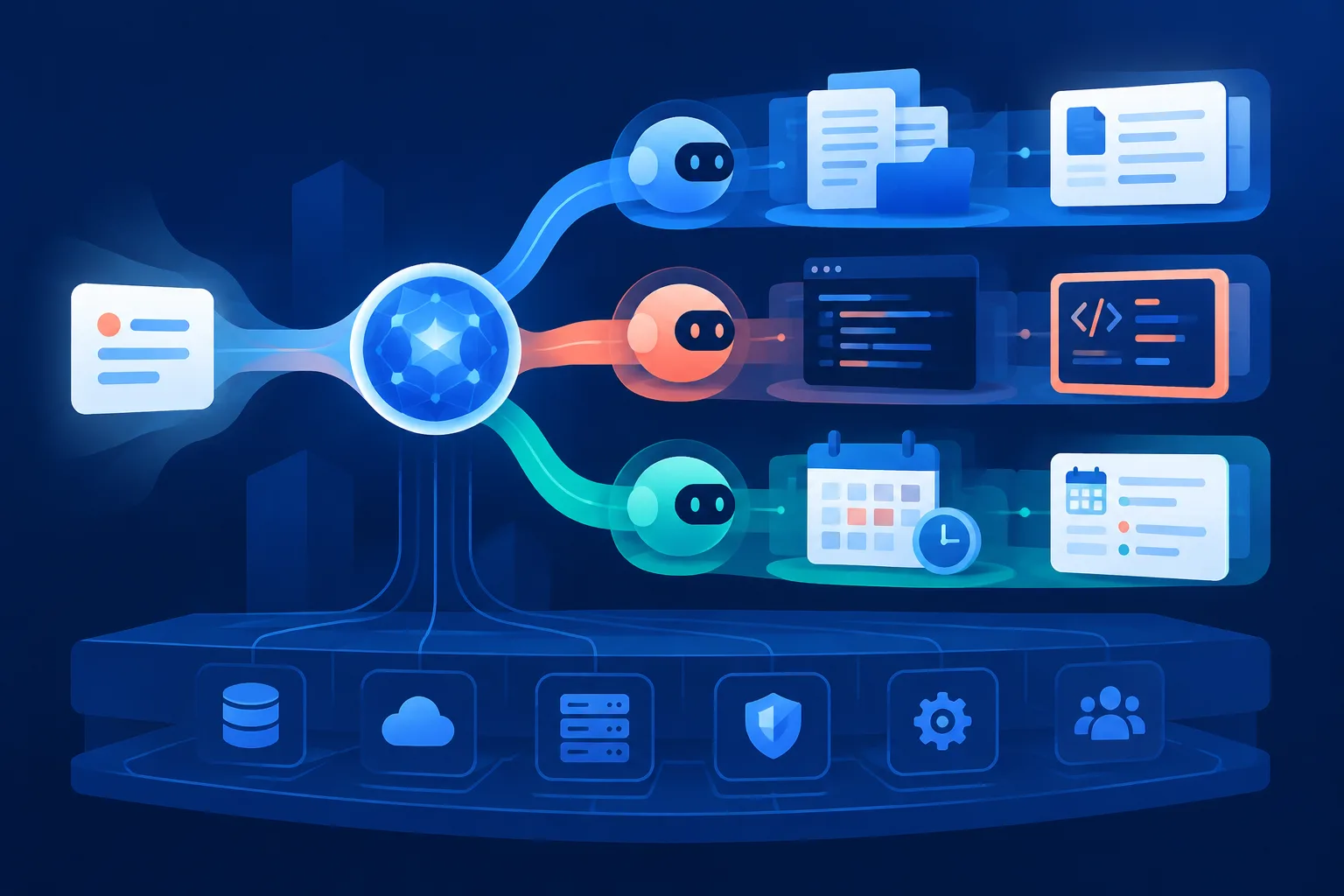 One complex task branches into temporary AI agents handling documents, code and scheduling.