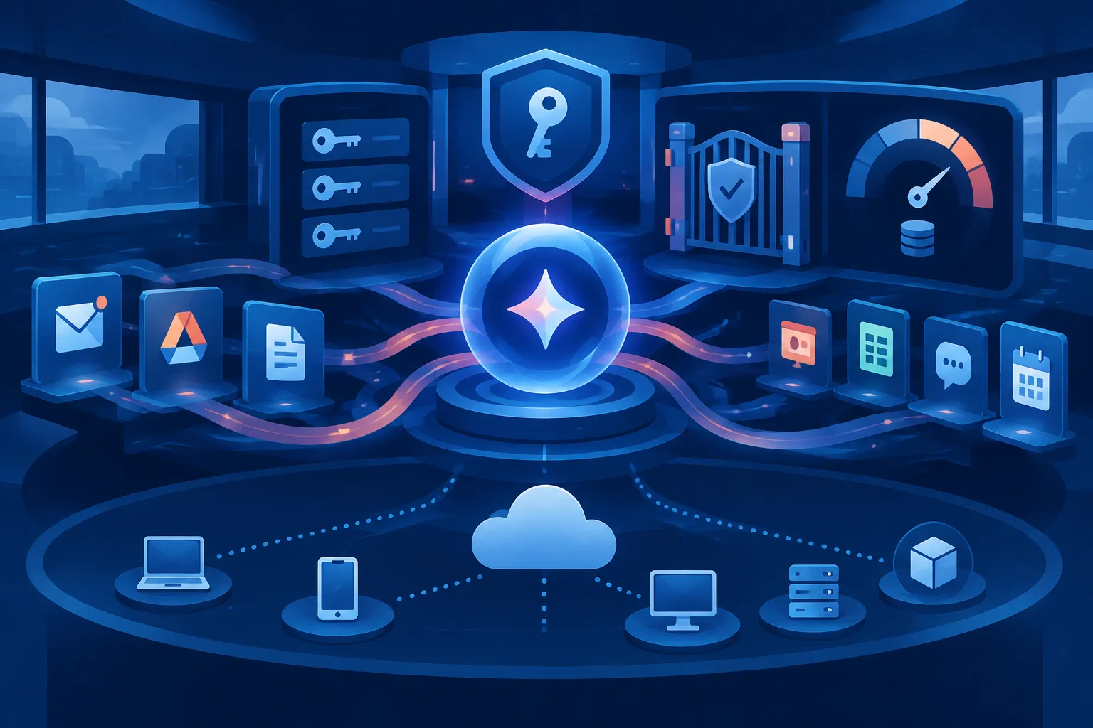 Identity, policy and budget controls surround several abstract AI processes.