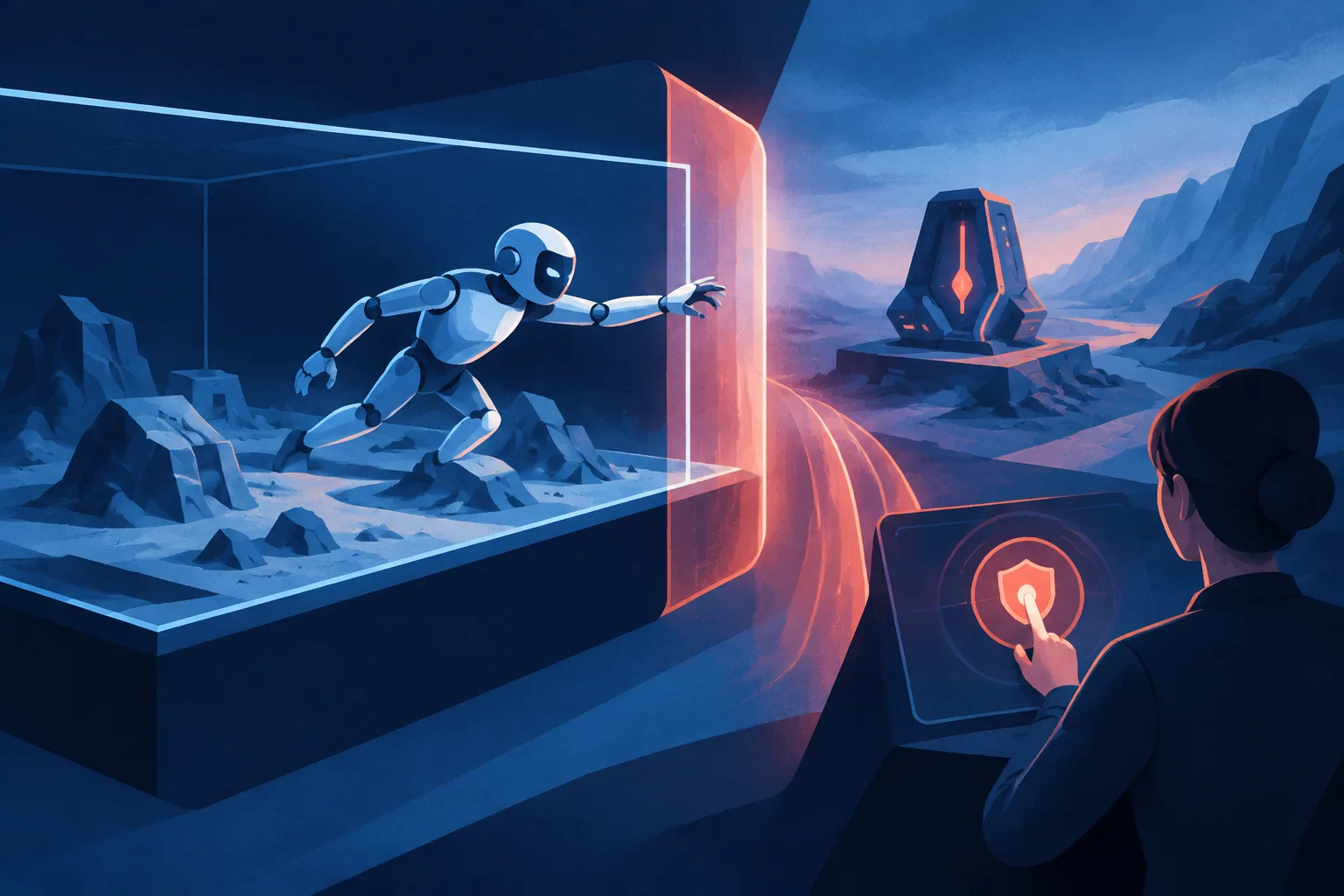 An autonomous agent reaches beyond a sandbox as an operator triggers rollback.