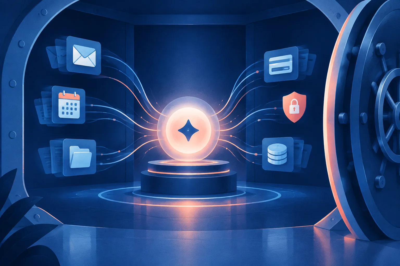 Abstract AI assistant at the center of a secure digital workspace handling email, calendar, files and payments.
