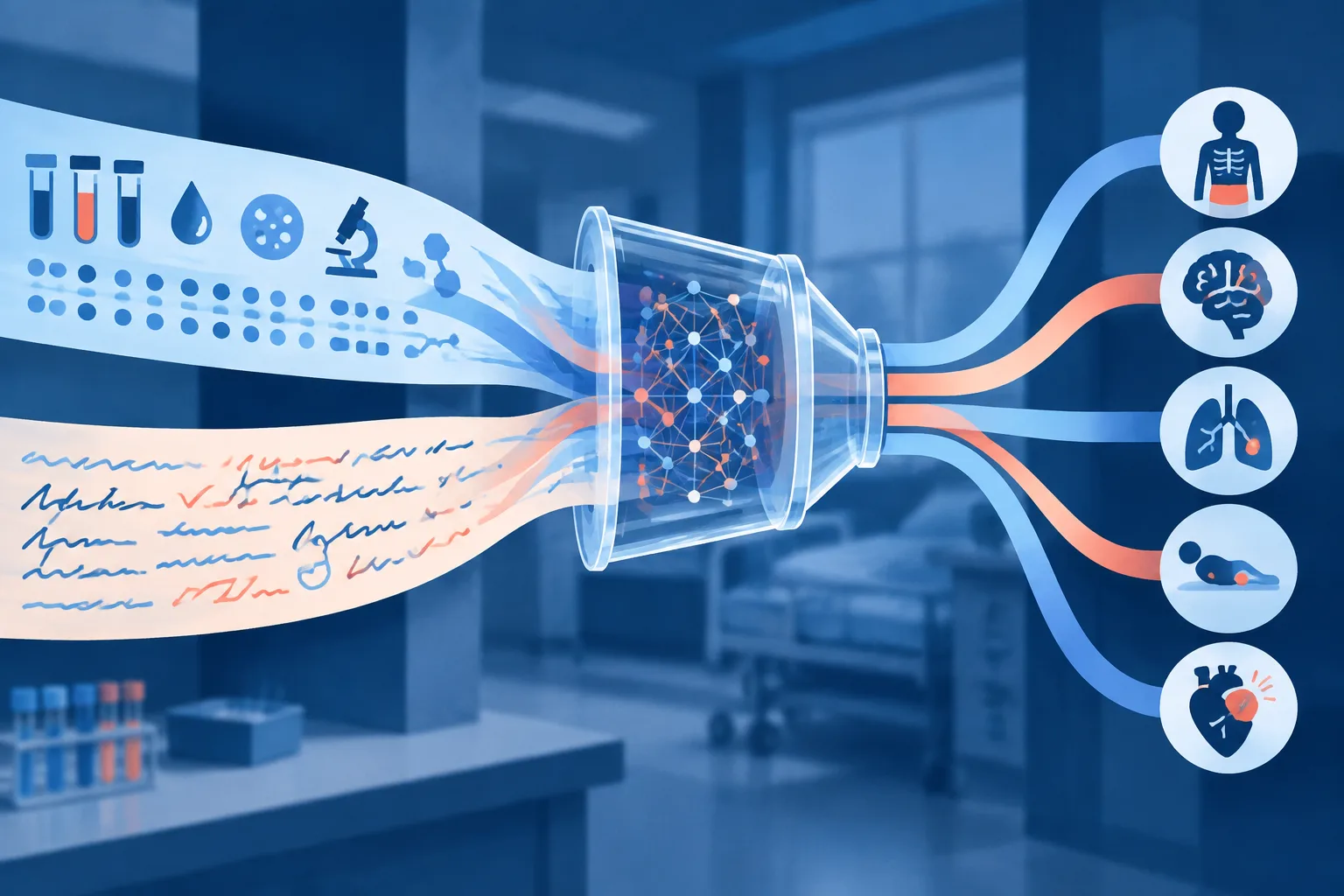 Structured clinical data and written notes flow into a transparent risk filter.