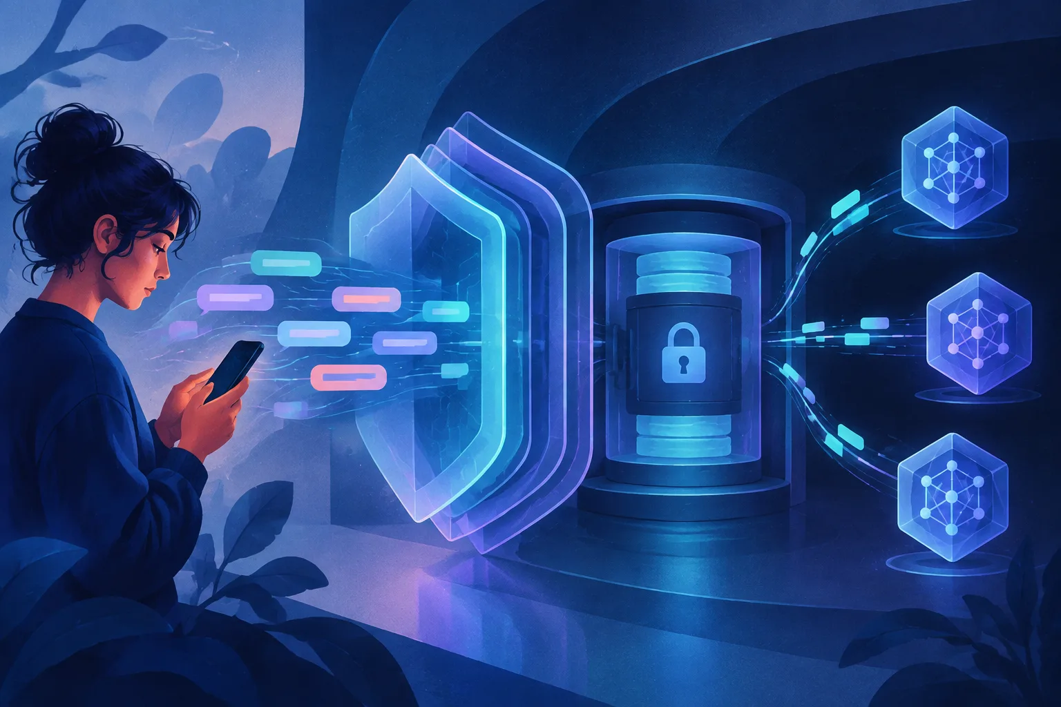 Private message fragments pass through encryption into sealed storage.