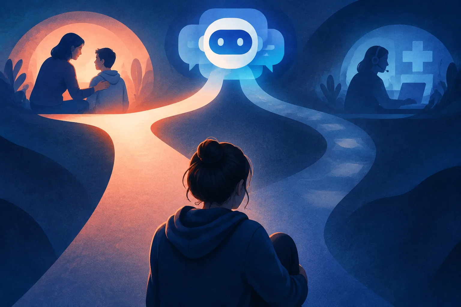An AI conversation branches toward trusted adults and professional crisis support.