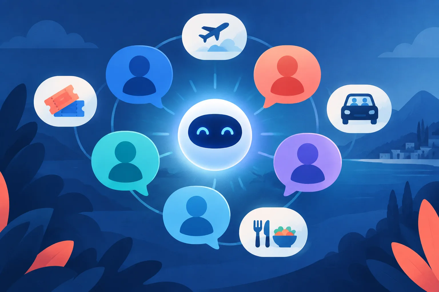 A shared AI helper coordinates planning symbols inside a group conversation.