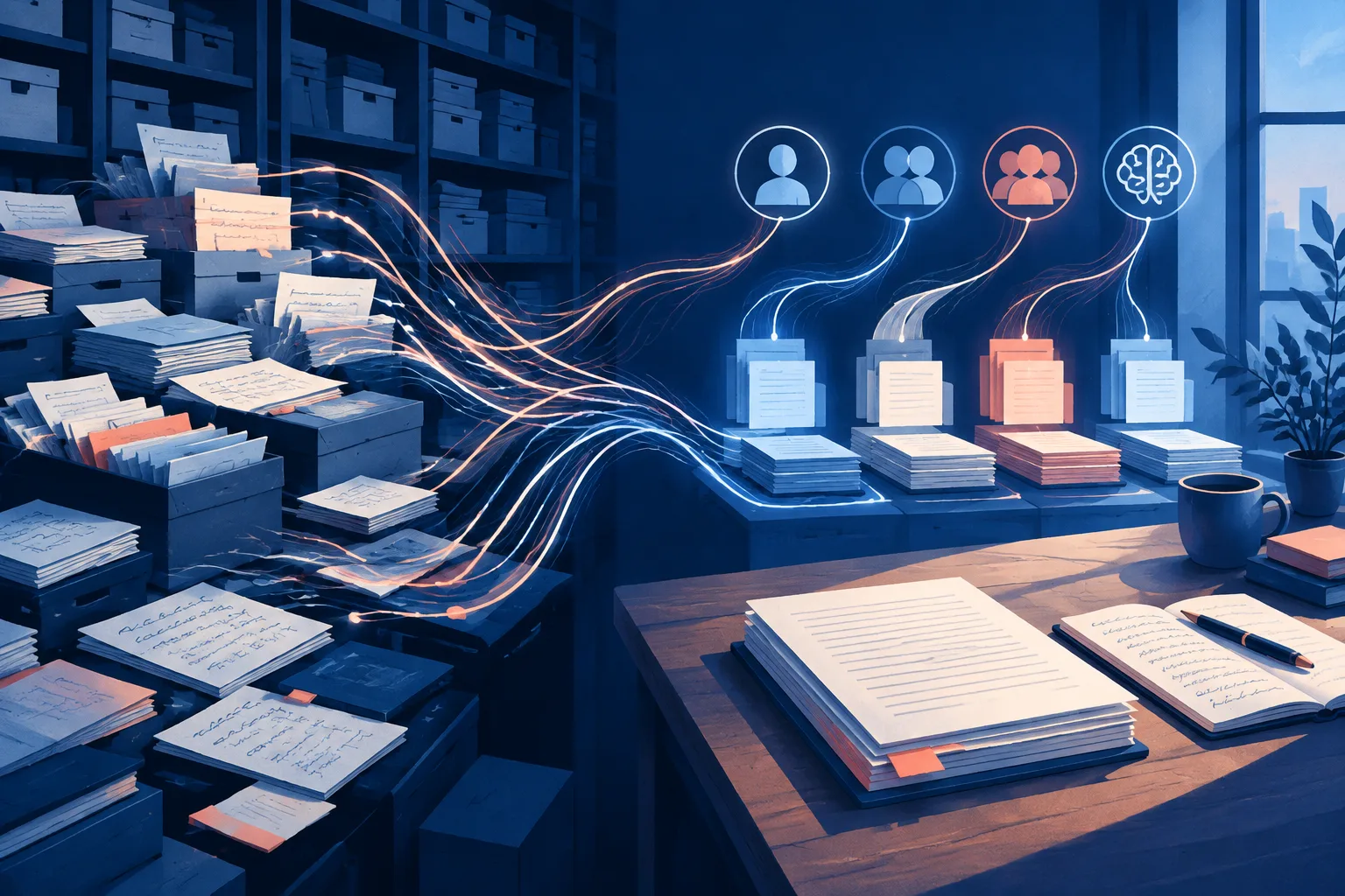 Abstract AI threads organize a large archive of transcripts, papers and reporting notes.