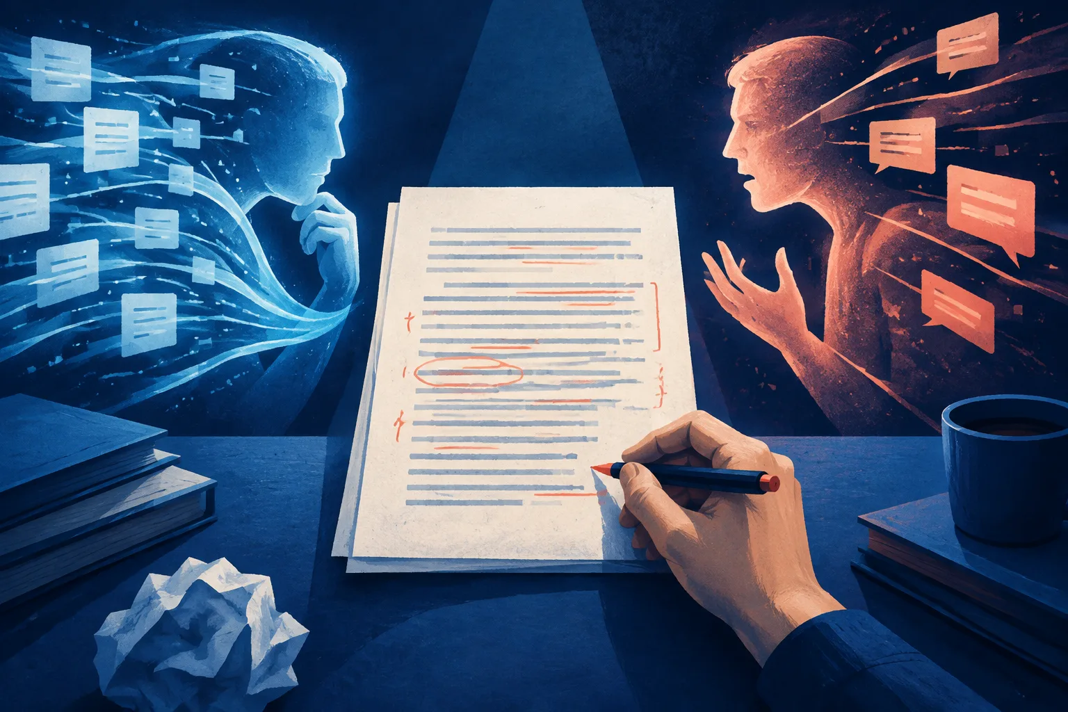 Abstract AI critics surround a manuscript while a human editor marks revisions in the foreground.