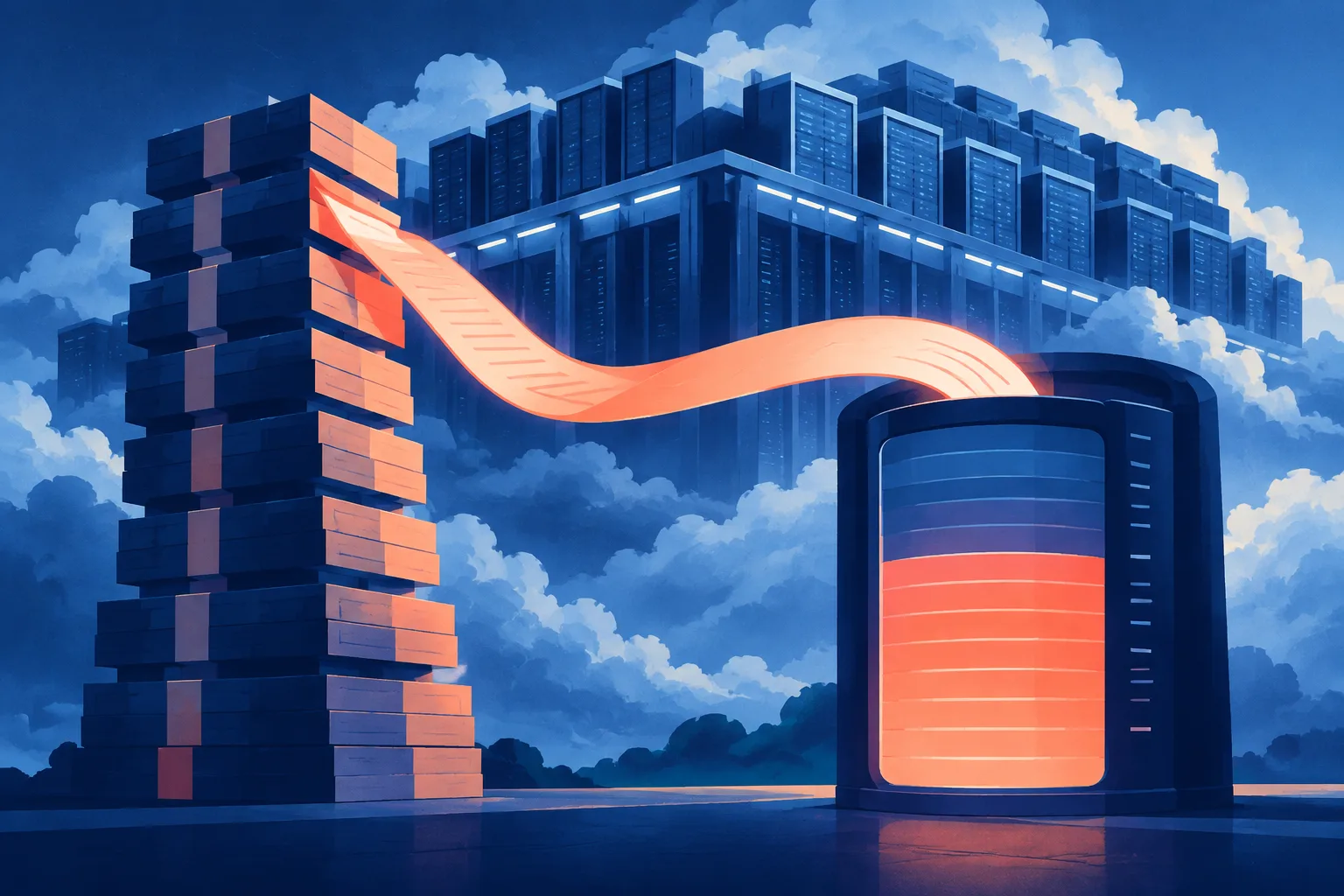 Investment blocks and a major contract power an abstract AI cloud facility.