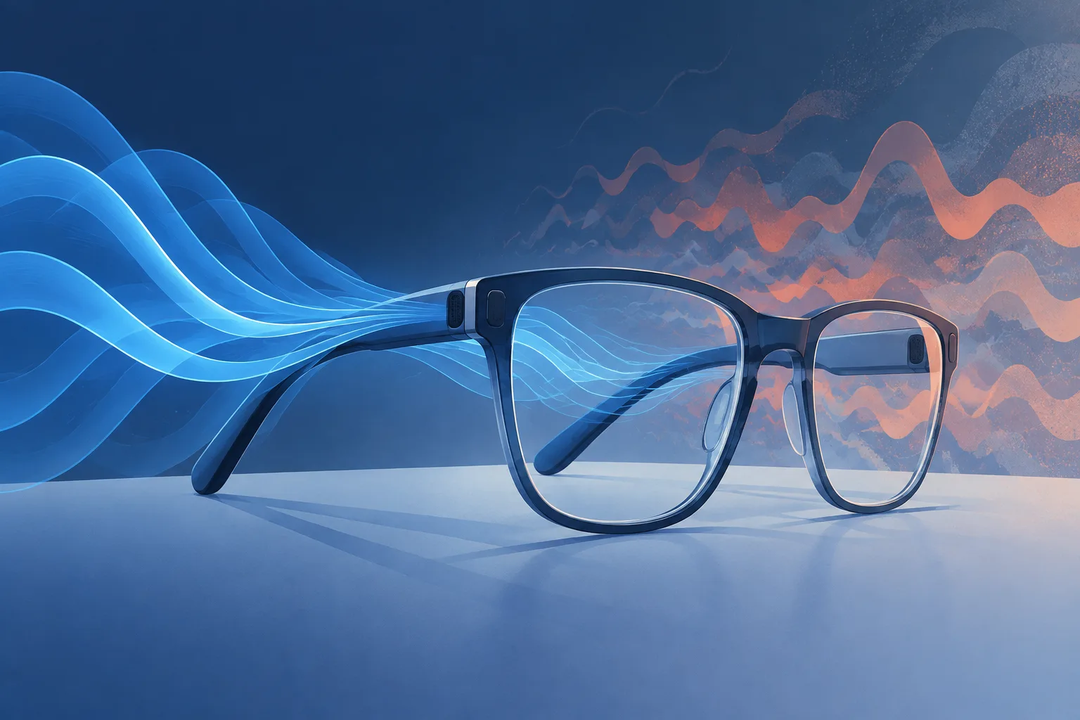 Editorial illustration of hearing glasses separating voices from background noise.