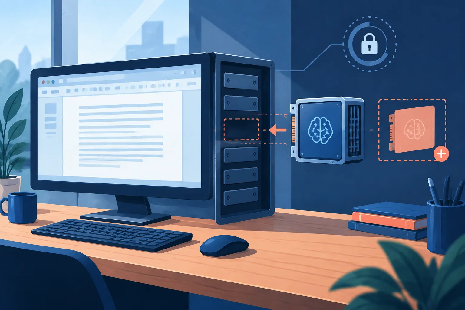 Optional local AI module beside an offline office workstation.