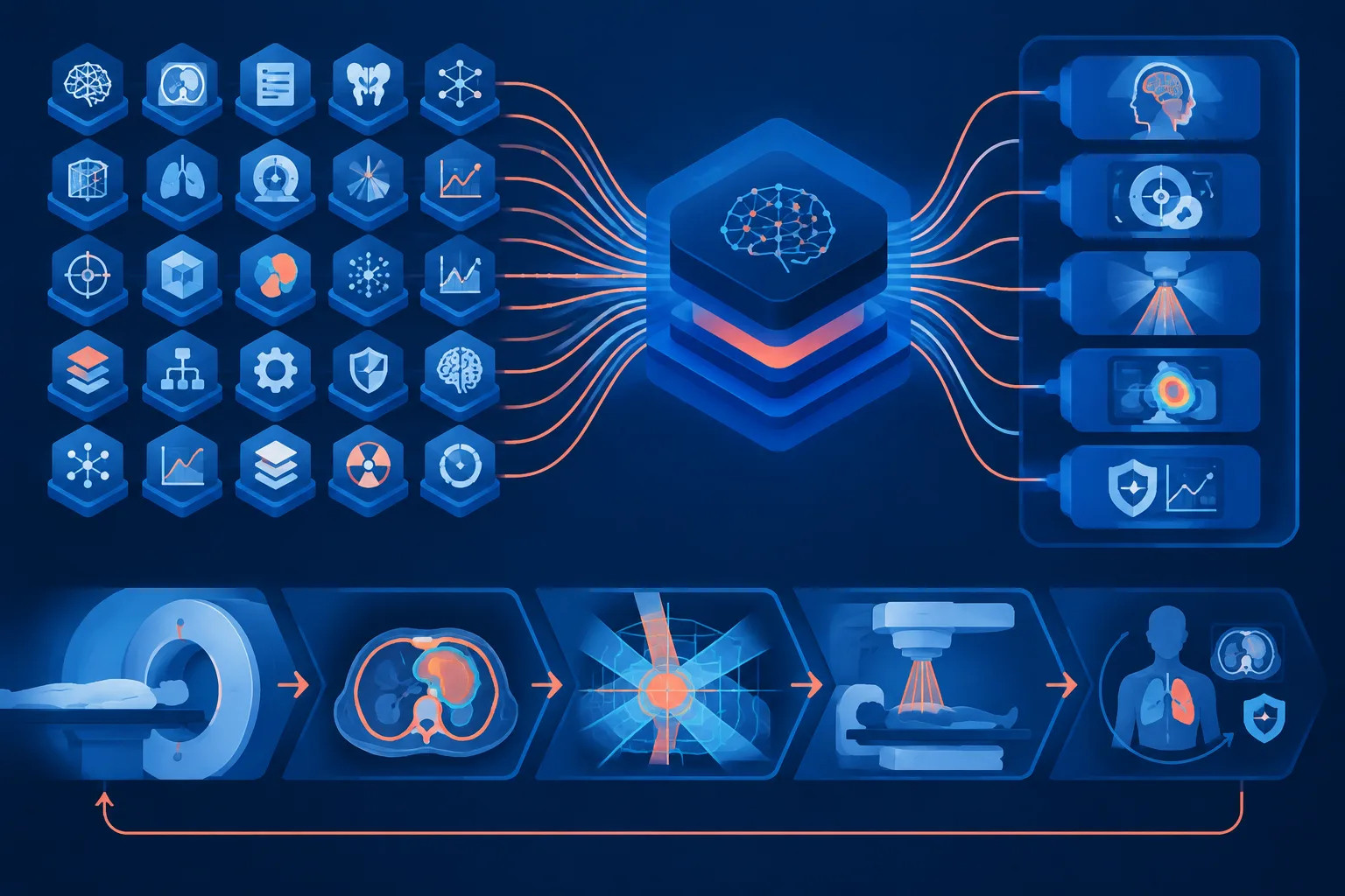 Separate specialist AI tools connected through a shared clinical orchestration layer.