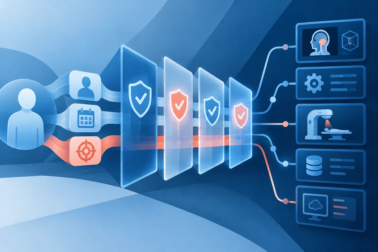 Abstract clinical data identifiers passing through multiple validation gates before tool execution.