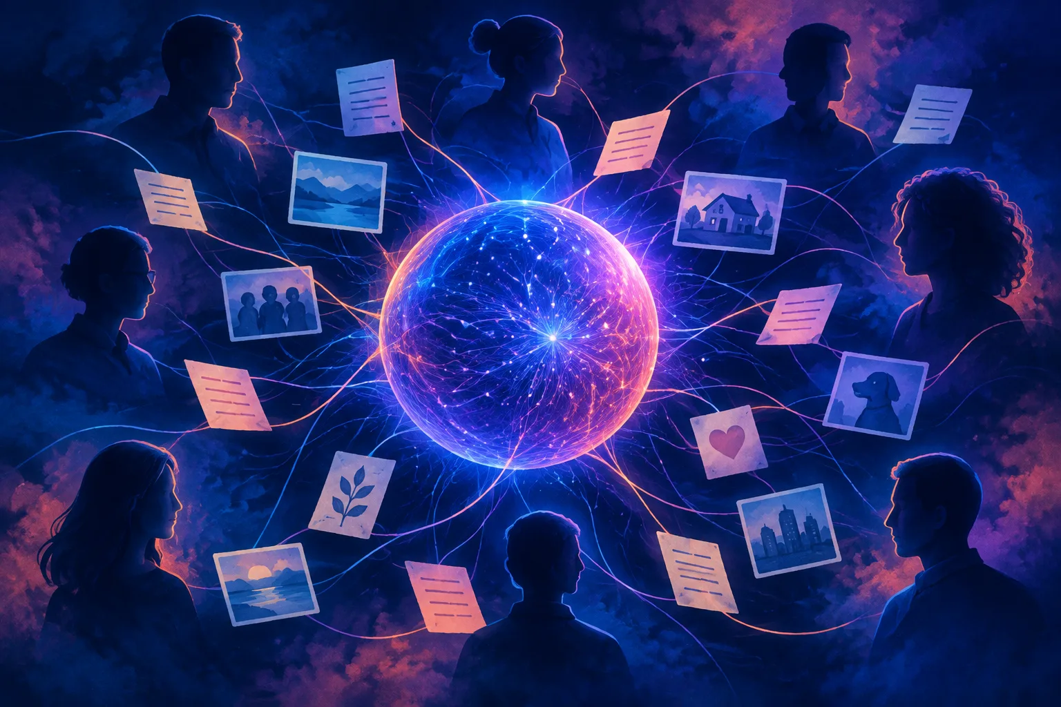 An AI memory orb connects anonymous silhouettes through a web of personal notes.