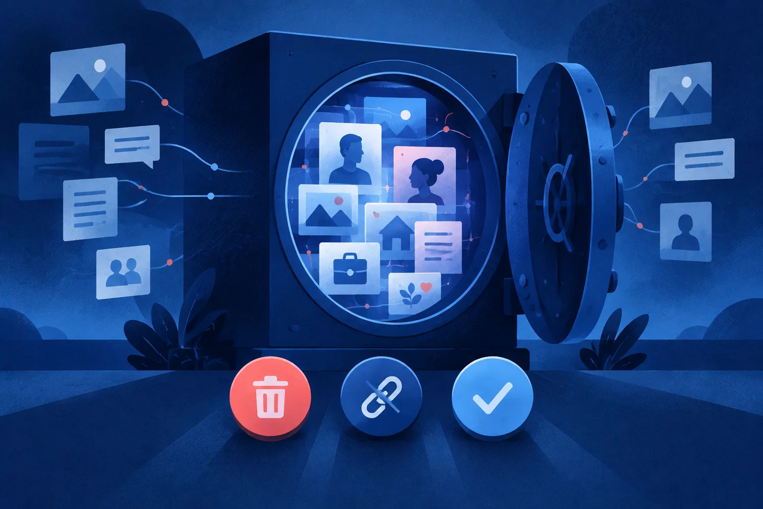 A private digital vault is surrounded by abstract erase, disconnect, and approval controls.