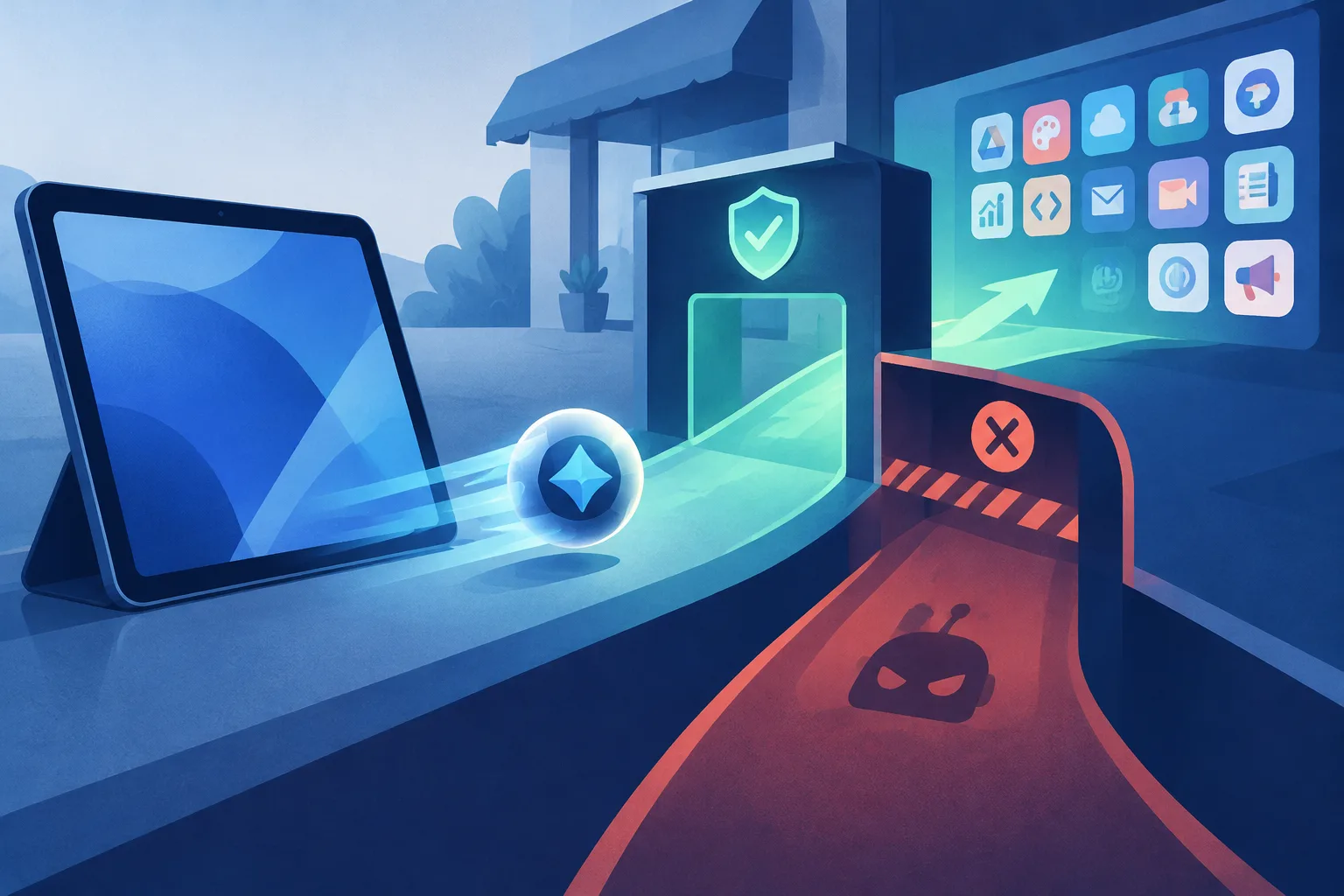 An agent token approaches a storefront checkpoint with allowed and blocked access lanes.