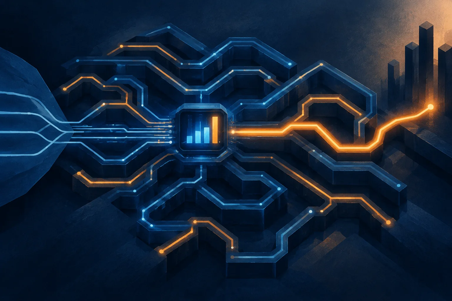 A glowing probability engine selects one path through a branching circuit maze.