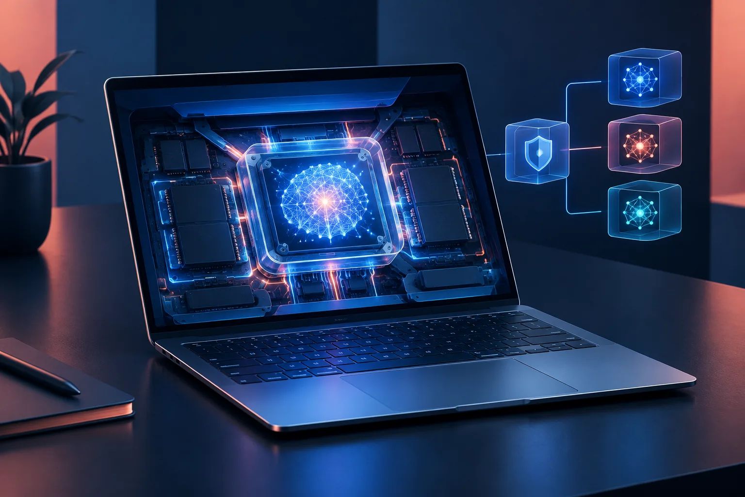 A premium laptop contains a glowing local AI network inside its chassis.