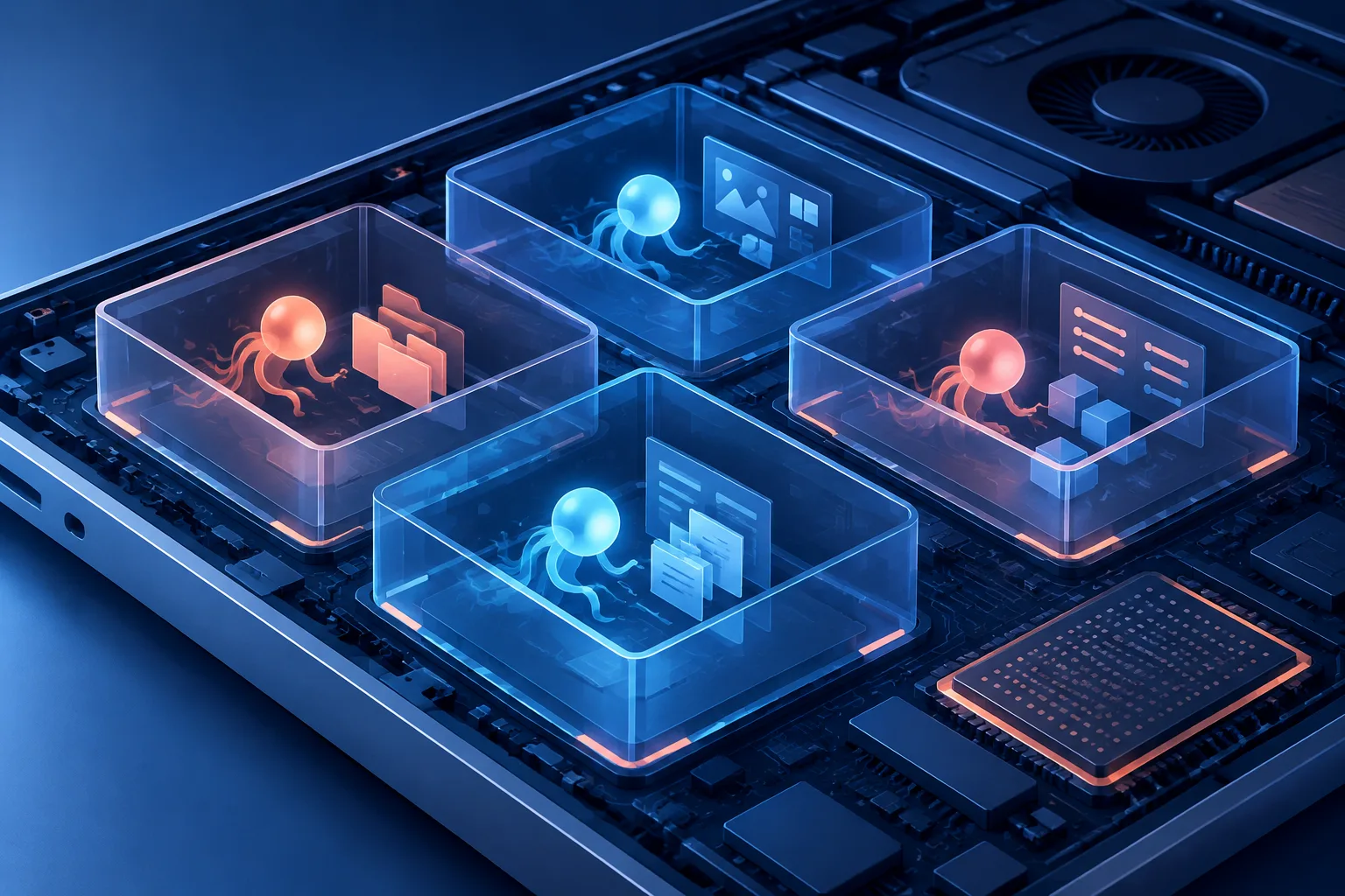 Abstract AI agents operate inside separate translucent compartments within a computer.