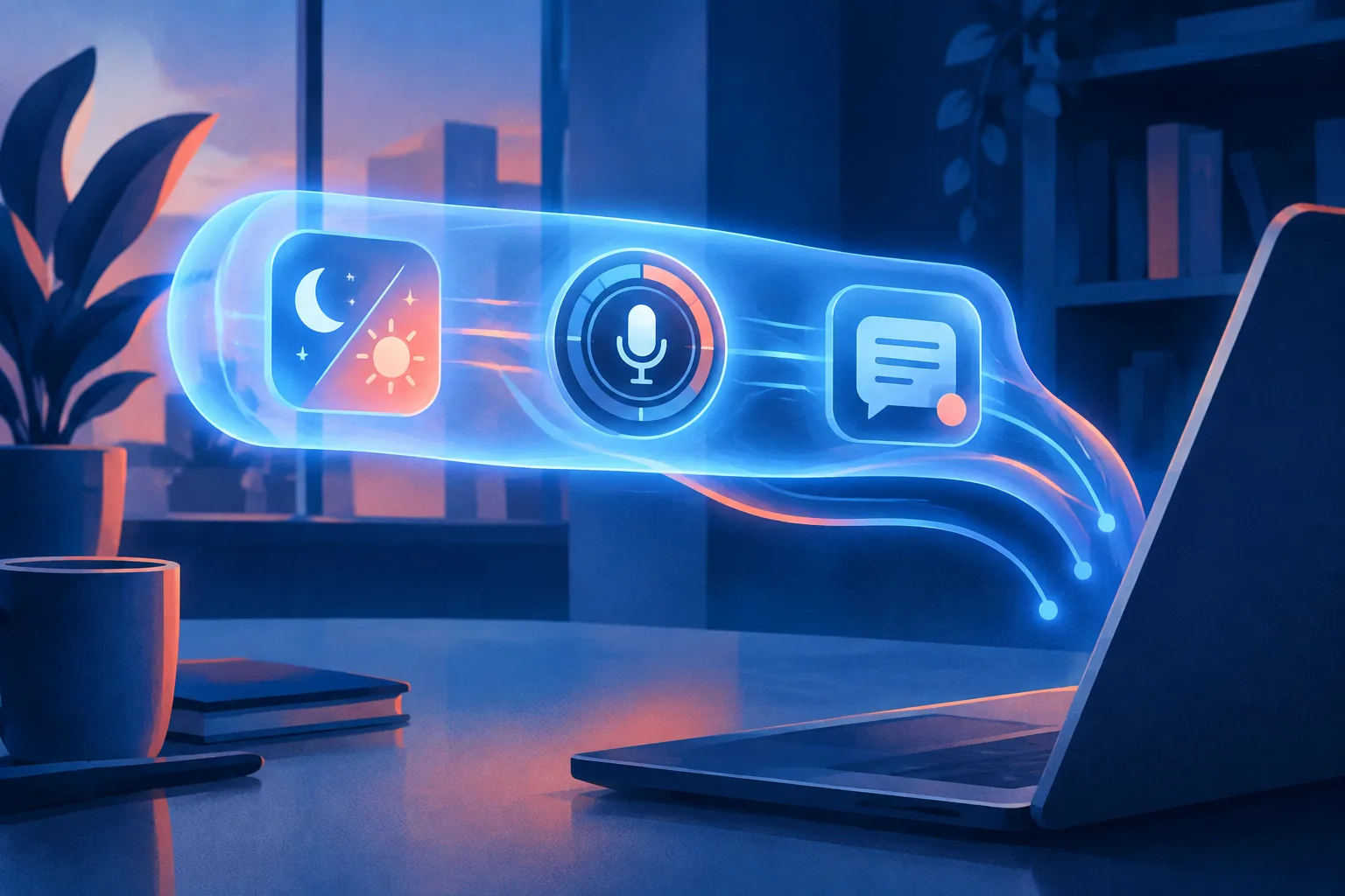 An abstract command ribbon activates theme, microphone, and messaging controls.