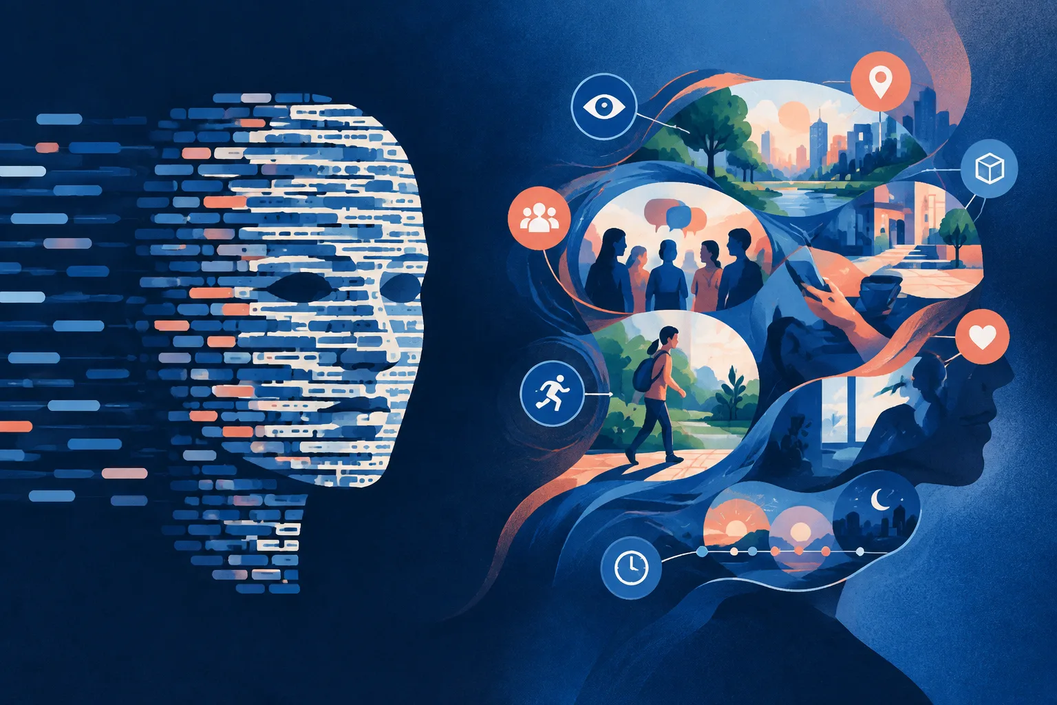 A static token mask contrasts with a living map of actions, social signals, visual cues, and changing timelines.