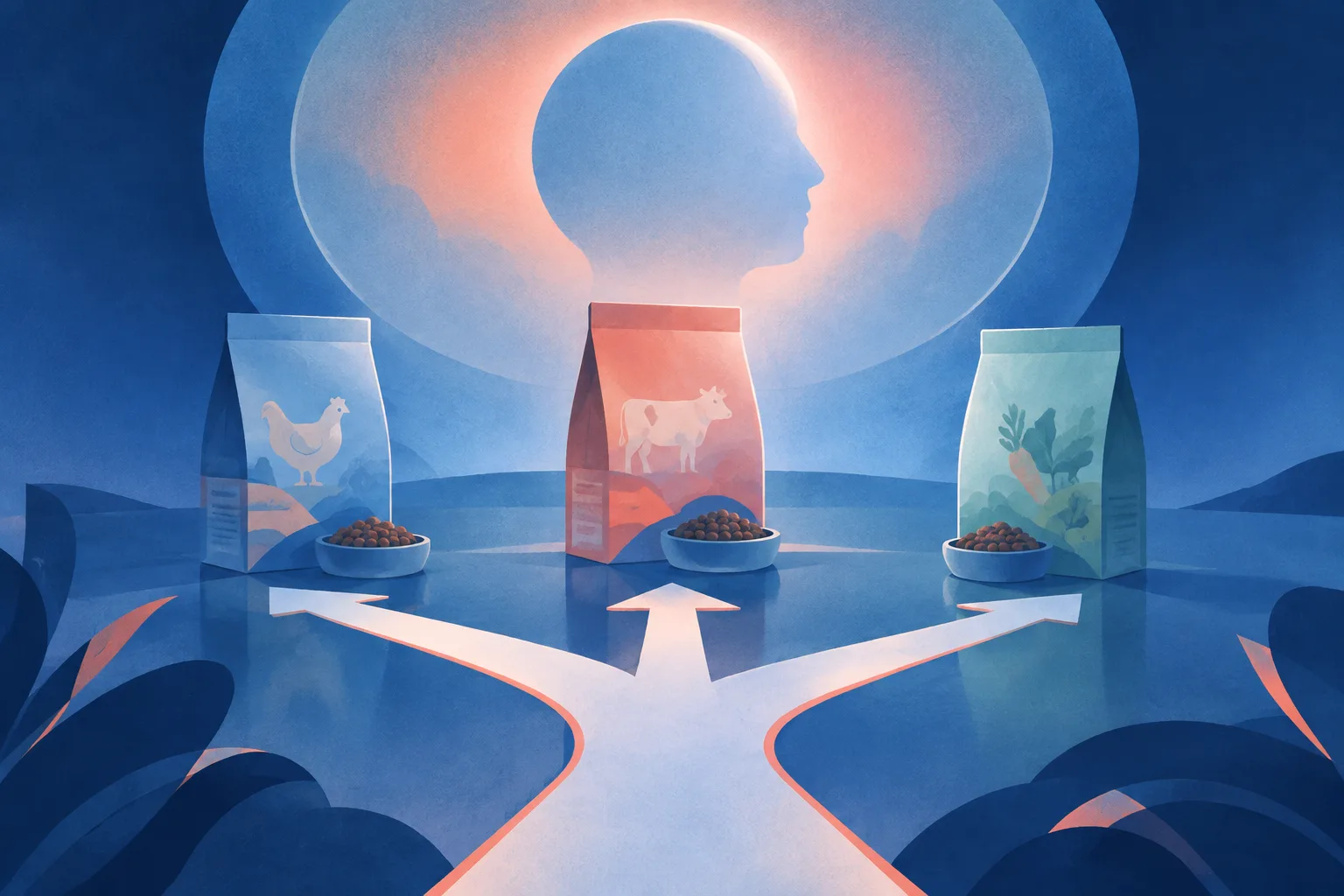 Abstract product packages sit beside decision paths as packaging details fade and a broader perception halo dominates.