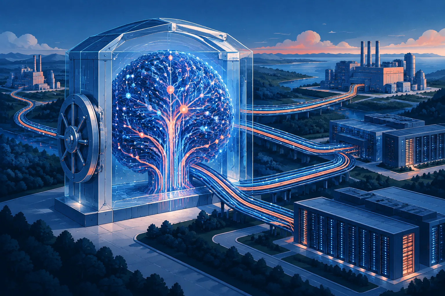 An abstract neural engine secured in a transparent vault sends pathways toward industrial buildings and data centers.