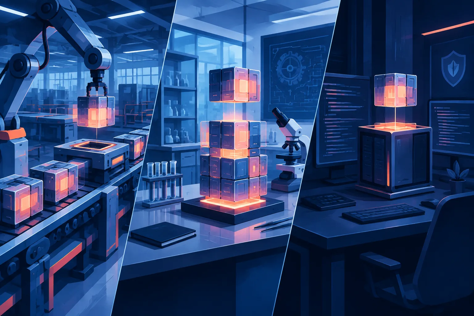 Modular glowing AI components connect a factory, an engineering lab, and a secure coding workspace.