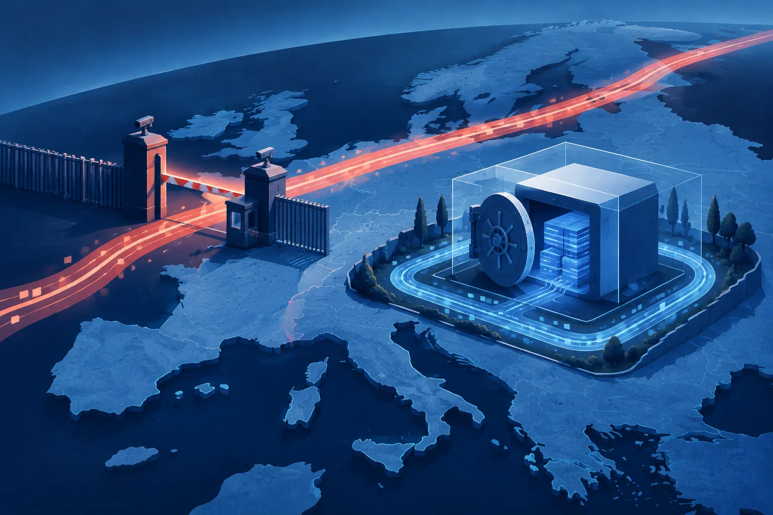 Two abstract data routes contrast dependence on an external gate with a self-contained open vault.