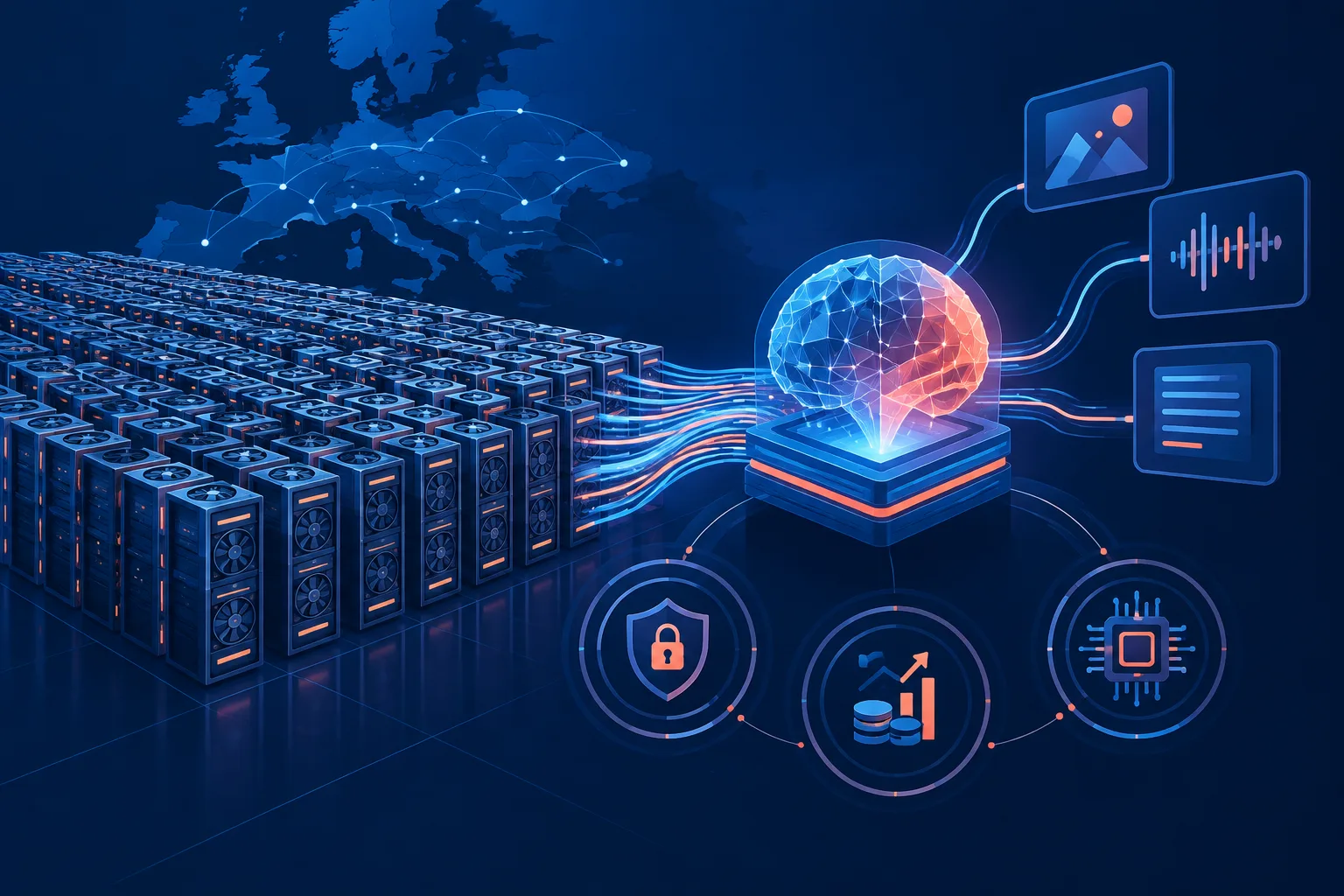 Abstract GPU cluster powering a multimodal AI model.